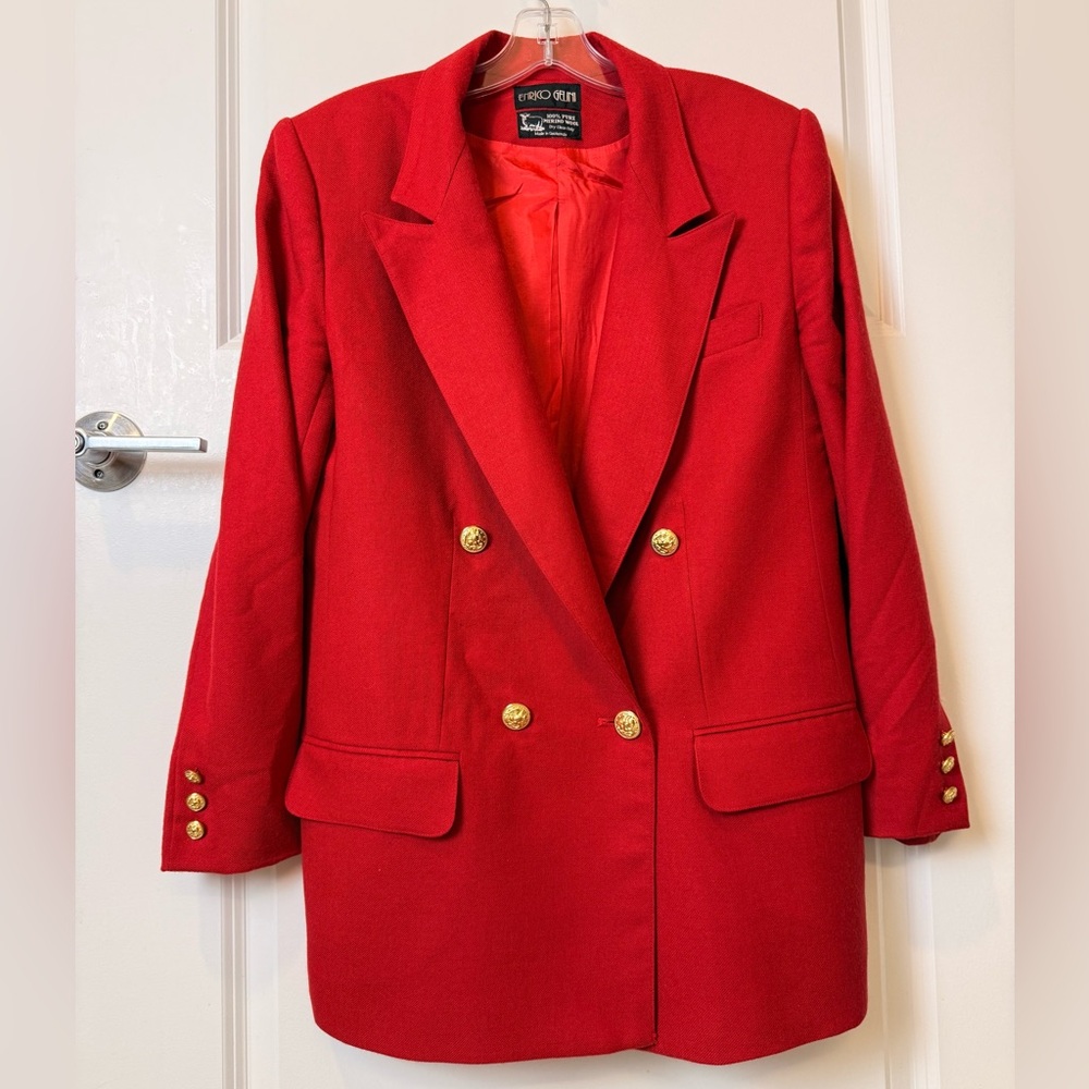 Vintage 100% Merino Wool Enrico Gelini Red Blazer Gold Buttons Double‎ Breasted